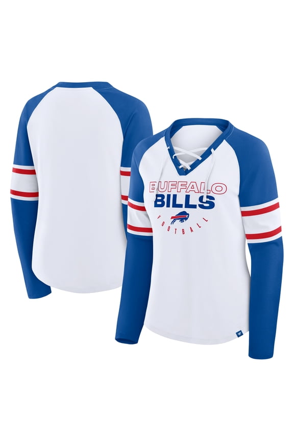 Women's Fanatics White/Royal Buffalo Bills Redzone Blitz Package Raglan Lace-Up V-Neck Long Sleeve T-Shirt