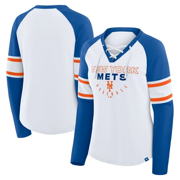 Women's Fanatics White/Royal New York Mets Blitz Package Raglan Lace-Up V-Neck Long Sleeve T-Shirt
