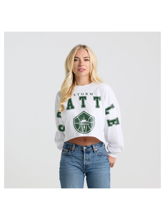 Women's Fanatics White Seattle Storm Spirit Jersey Cropped Crew Neck Sweatshirt