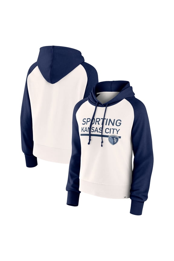 Women's Fanatics White Sporting Kansas City Free Kick Fleece Raglan Pullover Hoodie
