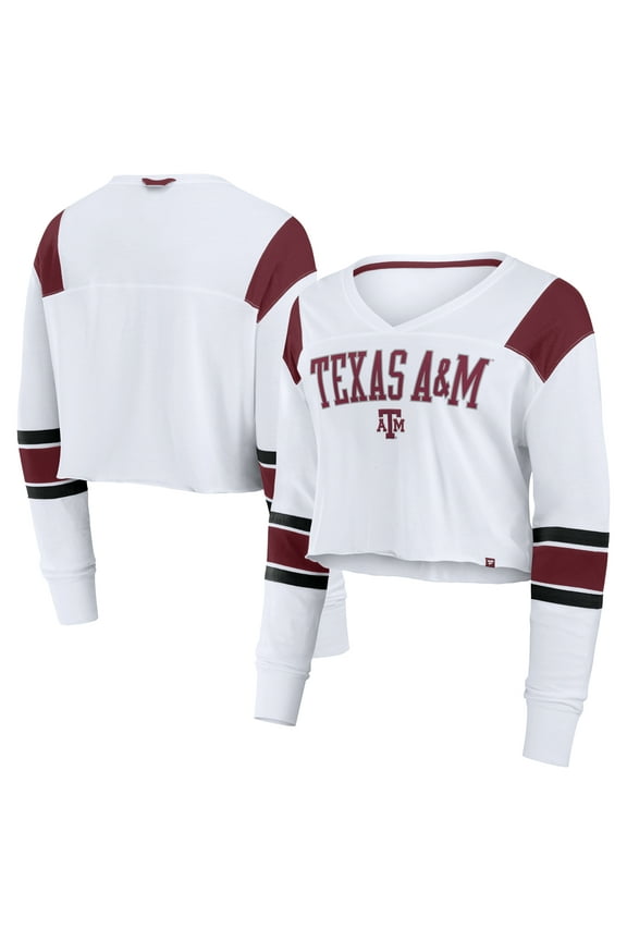 Women's Fanatics White Texas A&M Aggies Training Camp Cropped Long Sleeve V-Neck Fashion Top