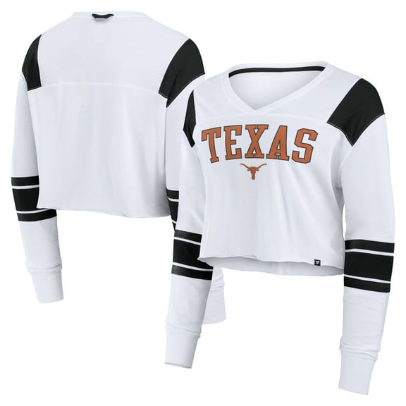 Women's Fanatics White Texas Longhorns Training Camp Cropped Long Sleeve V-Neck Fashion Top