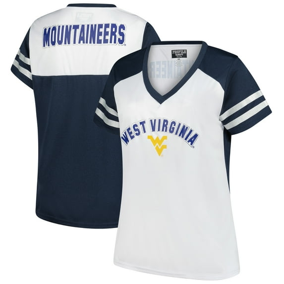 Women's Fanatics White West Virginia Mountaineers Plus Size Rhinestone Glitter Sleeve Stripe V-Neck T-Shirt