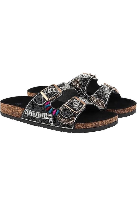 Women's Fancy Beaded Handmade Sequin Slide Sandals with Buckle Straps, Black, 6