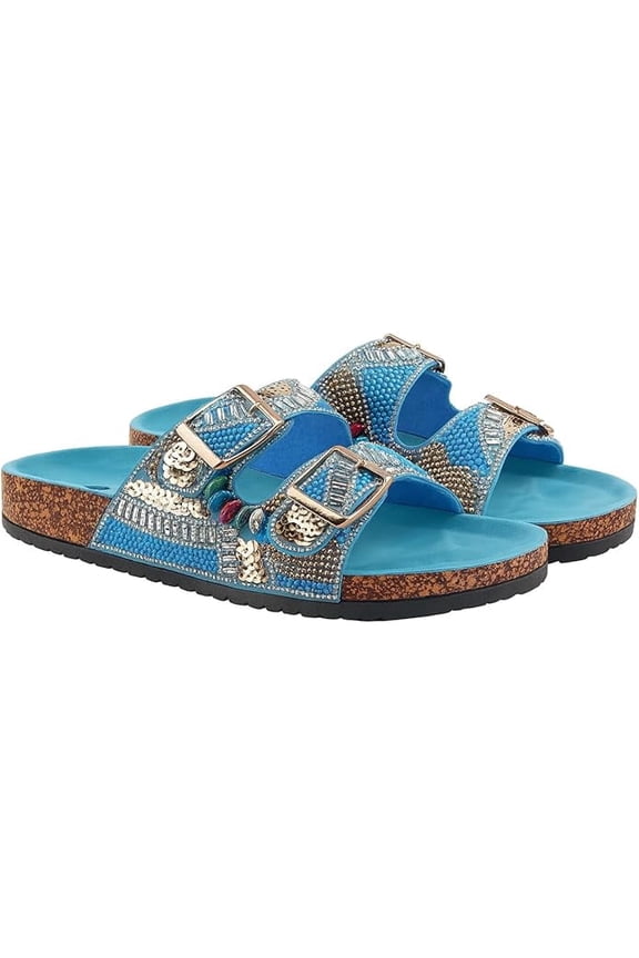 Women's Fancy Beaded Handmade Sequin Slide Sandals with Buckle Straps, Blue, 9