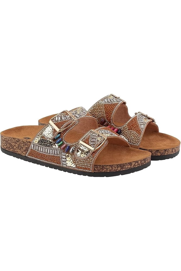 Women's Fancy Beaded Handmade Sequin Slide Sandals with Buckle Straps, Brown, 11