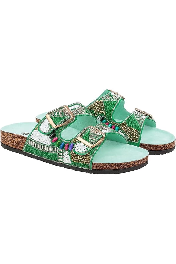 Women's Fancy Beaded Handmade Sequin Slide Sandals with Buckle Straps, Green, 10