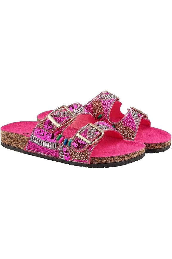 Women's Fancy Beaded Handmade Sequin Slide Sandals with Buckle Straps, Pink, 8