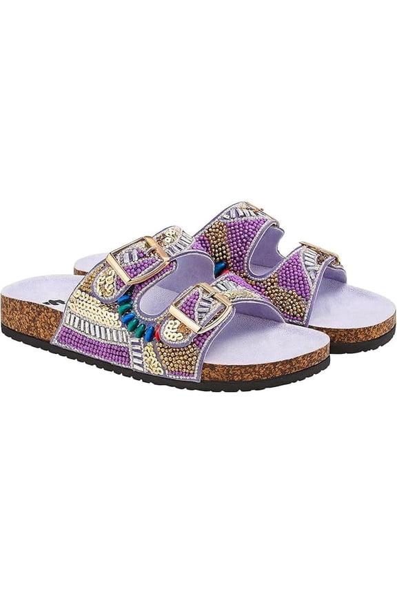 Women's Fancy Beaded Handmade Sequin Slide Sandals with Buckle Straps, Purple, 11