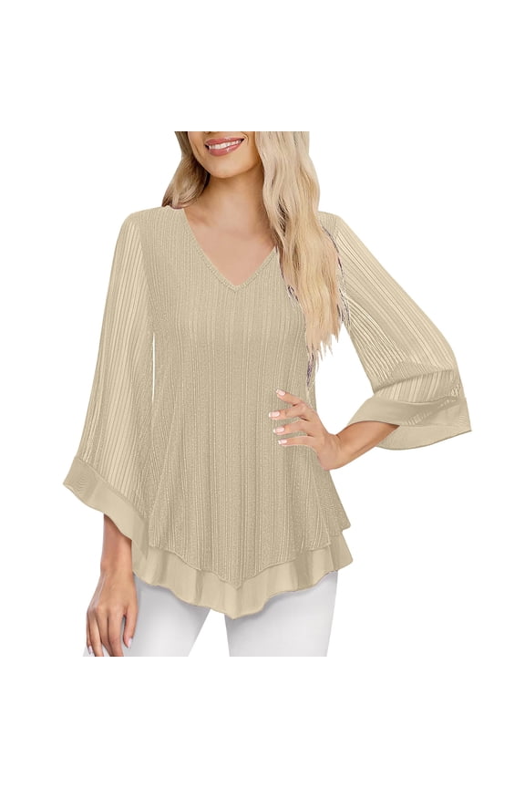 Women's Fancy Blouses Double Layers Mesh Dressy Tops 3/4 Ruffle Bell Sleeve Shirts