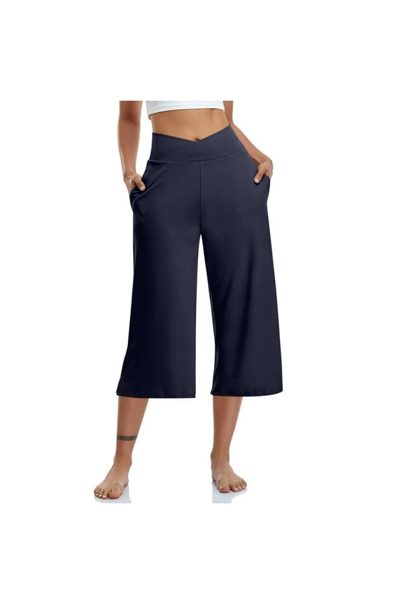 Women's Capri Yoga Pants Loose Crossover Waist Comfy Workout Cropped Pants Stretch Wide Leg Capris with Pockets
