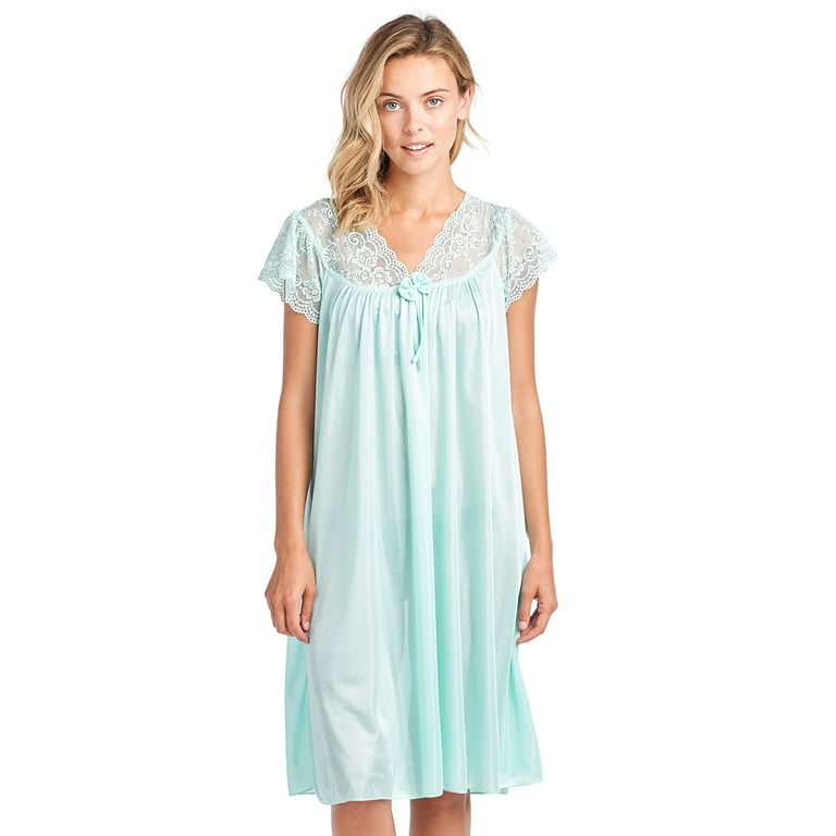Women s Fancy Lace Neckline Silky Tricot Nightgown Mint Green Medium Walmart