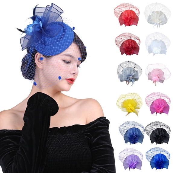 Women's Fascinator Hat, Elegant Mesh Veil with Flowers and Feathers, Church Wedding Tea Party Hat, Prom Garden Party Headpiece for Women-A