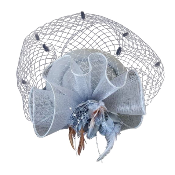 Women's Fascinator Hat, Elegant Mesh Veil with Flowers and Feathers, Church Wedding Tea Party Hat, Prom Garden Party Headpiece for Women-Gray