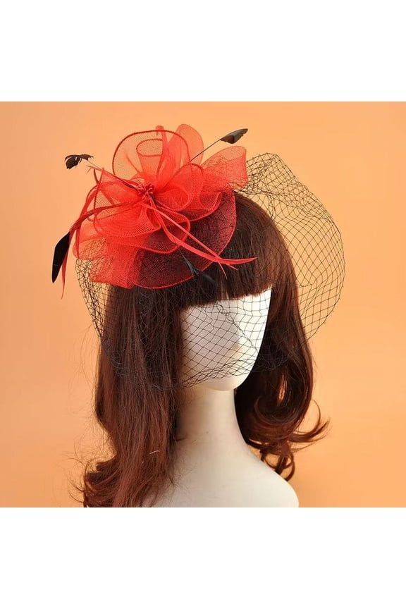 Women's Fascinators Hat Mesh Floral Feather Fascinator Headband for Wedding Cocktail Tea Party or Special Occasion Red