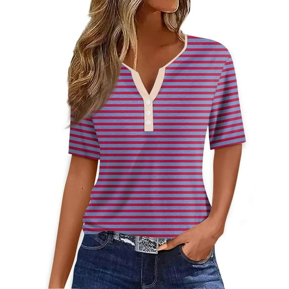 Women's Fashion 1/4 Button up Blouse Vintage Dressy Casual Tops Short Sleeve Loose Fit Flowy Tunic Tops Henley Neck Flowy Shirts Striped Color Block Summer Clothes for Teen Girls Purple T Shirts XL