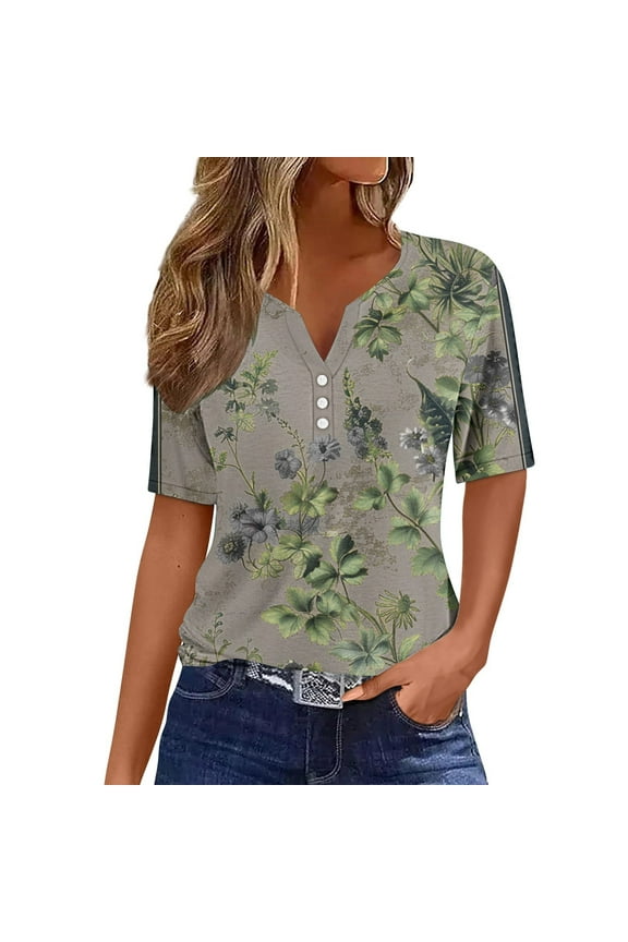 Women's Fashion 1/4 Button up Blouse Vintage Y2K Tops Dressy Casual Henley Neck Flowy Shirts Short Sleeve Tunic Tops Loose Fit Flowy Tie Dye Floral Print Summer Clothes Green T Shirts XXL