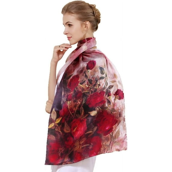 Women's Fashion 100% Mulberry Silk Large Scarf-Elegant Lightweight Satin Flowers & Birds Printed Shawls & Wraps for Lady Silk Long Mulberry Scarf