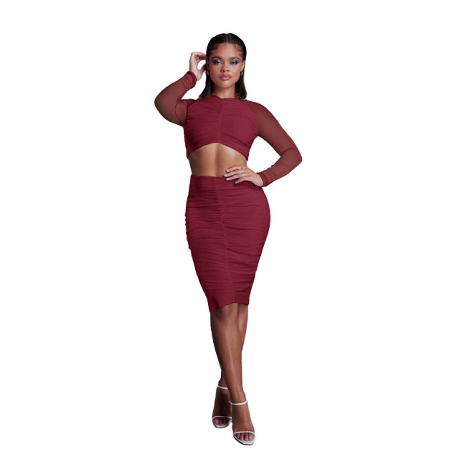 Women s Fashion 2 Piece Sets Long Sleeve Round Neck Top And Ruched
