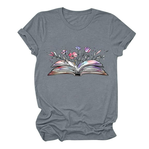 Women's Fashion 2024 Book Lover T shirts Vintage Y2K Tops Dressy Casual Flora Book Graphic Tees Round Neck Blouse Short Sleeve Tunic Tops Loose Fit Flowy Summer Clothes for Teen Girls Gray T Shirts L