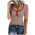 thumbnail image 1 of Women's Fashion 2024 Button up Neck Vintage Y2K Tops Dressy Casual Round Neck Blouse Summer Clothes for Teen Girls Striped Color Block Short Sleeve Tunic Tops for Lady Loose Fit Flowy Red T Shirts S, 1 of 4