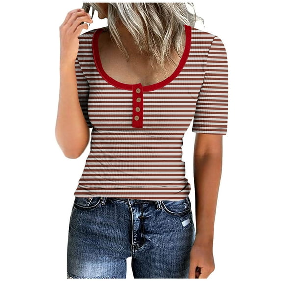 Women's Fashion 2024 Button up Neck Vintage Y2K Tops Dressy Casual Round Neck Blouse Summer Clothes for Teen Girls Striped Color Block Short Sleeve Tunic Tops for Lady Loose Fit Flowy Red T Shirts S
