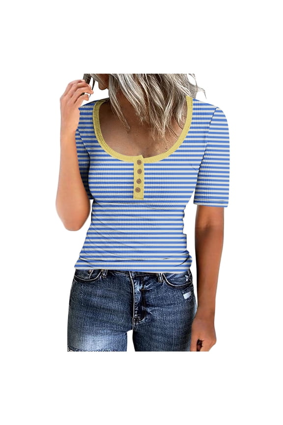 Women's Fashion 2024 Button up Neck Vintage Y2K Tops Dressy Casual Striped Color Block Short Sleeve Tunic Tops Loose Fit Flowy Round Neck Blouse Summer Clothes for Teen Girls Sky Blue T Shirts XL
