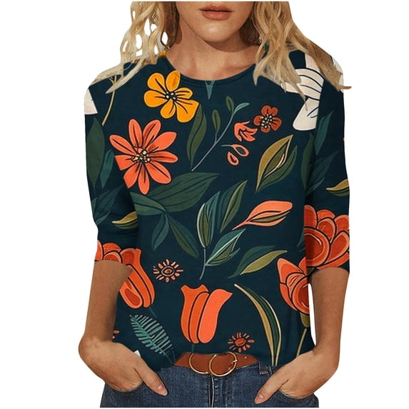 Women's Fashion 2024 Dressy Casual Tops for Lady Round Neck Blouse Vintage Floal Printing Summer Clothes for Teen Girls Spring Elegant Shirts 3/4 Sleeve Loose Fit Flowy Tunic Tops Red T Shirts L