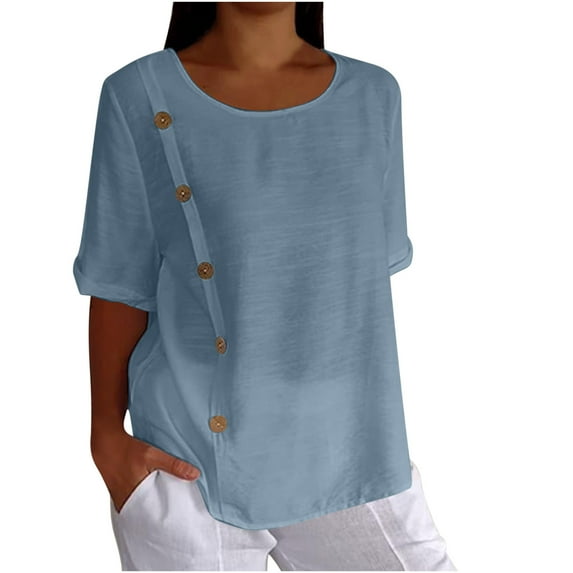 Women's Fashion 2024 Dressy Casual Tops for Lady Solid Color Vintage Crew Neck Short Sleeve Loose Fit Flowy Tunic Tops Summer Clothes for Teen Girls Blouse with Button Blue T Shirts S