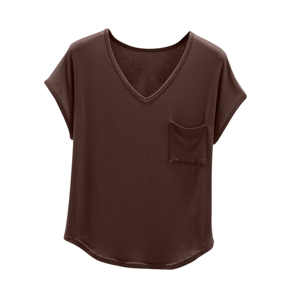 Women's Fashion 2024 Dressy Casual Tops for Lady Vintage Summer Clothes for Teen Girls Short Sleeve Loose Fit Flowy Tunic Tops Solid Color Comfy Casual Shirts V Neck Blouse Coffee T Shirts M