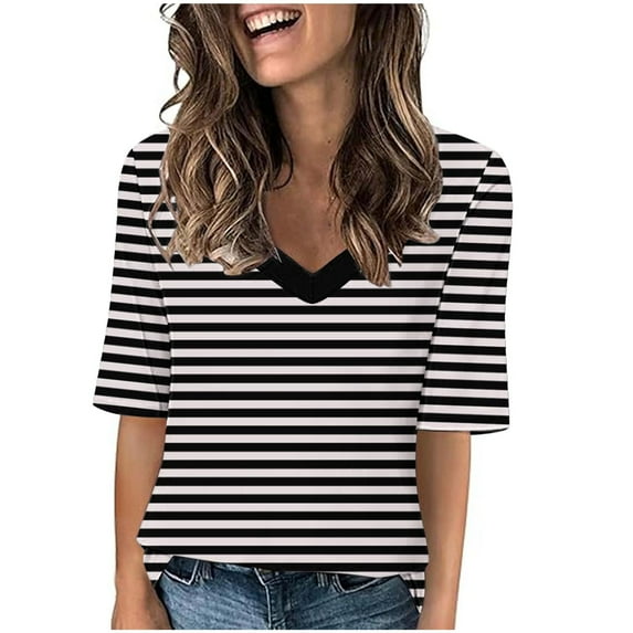 Women's Fashion 2024 Spring Elegant Shirts Vintage V Neck Blouse Striped Y2K Tops Dressy Casual Summer Clothes for Teen Girls Long Sleeve Tunic Tops for Lady Loose Fit Flowy Black T Shirts M