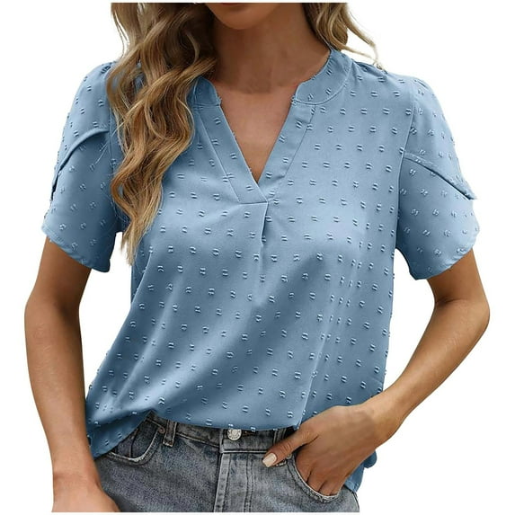 Women's Fashion 2024 Women Pleated Tops Dressy Casual Short Sleeve Tunic Tops Loose Fit Flowy Summer Clothes for Teen Girls Solid Color V Neck Blouse Vintage Comfy Casual Shirts Blue T Shirts S