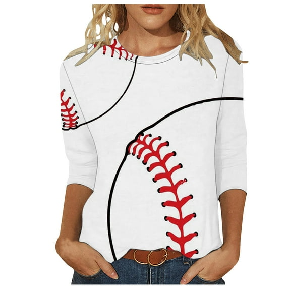 Women's Fashion 2024 Y2K Tops Dressy Casual 3/4 Sleeve Tunic Tops Loose Fit Flowy Round Neck Blouse Basic Tees for Sports Summer Clothes for Teen Girls Baseball Graphic Tops Vintage White T Shirts L
