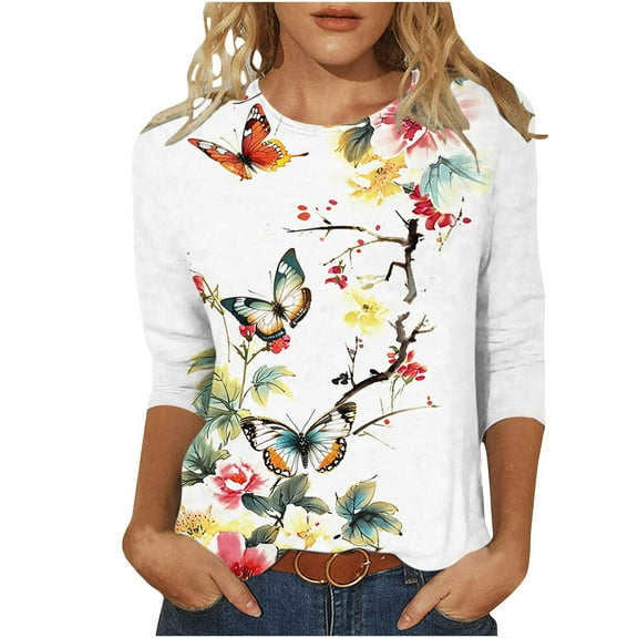 Women's Fashion 2024 Y2K Tops Dressy Casual Flora Print 3/4 Sleeve Tunic Tops Loose Fit Flowy Round Neck Blouse Summer Clothes for Teen Girls Vintage Spring Elegant Shirts Multicolor T Shirts L