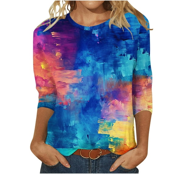 Women's Fashion 2024 Y2K Tops Dressy Casual Flora Print Summer Clothes for Teen Girls Spring Elegant Shirts 3/4 Sleeve Tunic Tops Loose Fit Flowy Round Neck Blouse Vintage Multicolor T Shirts M
