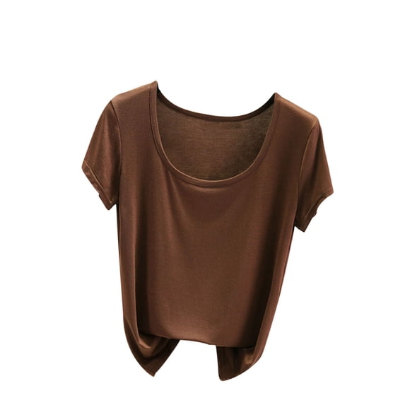 Women's Fashion 2024 Y2K Tops Dressy Casual Short Sleeve Tunic Tops for Lady Loose Fit Flowy Solid Color Comfy Casual Shirts Vintage Round Neck Blouse Summer Clothes for Teen Girls Brown T Shirts M