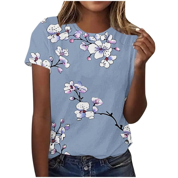 Women's Fashion 2024 Y2K Tops Dressy Casual Vintage Comfy Casual Shirts Tie Dye Floal Printing Short Sleeve Tunic Tops Loose Fit Flowy Round Neck Blouse Summer Clothes for Teen Girls Blue T Shirts S