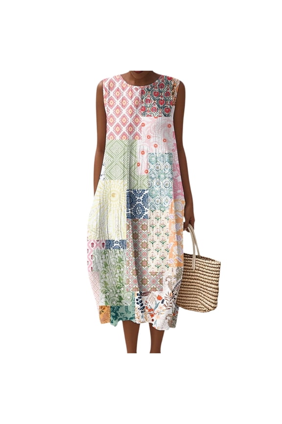 Women's Fashion 2025 Summer Casual Sleeveless Round Neck Retro Bohemian Floral Printed Elegant Temperament Dress