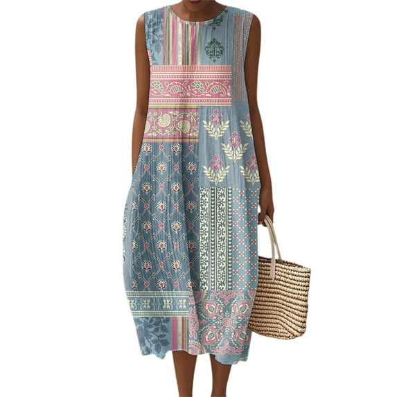 Women's Fashion 2025 Summer Casual Sleeveless Round Neck Retro Bohemian Floral Printed Elegant Temperament Dress