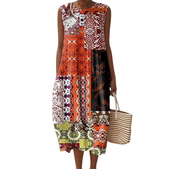 Women's Fashion 2025 Summer Casual Sleeveless Round Neck Retro Bohemian Floral Printed Elegant Temperament Dress