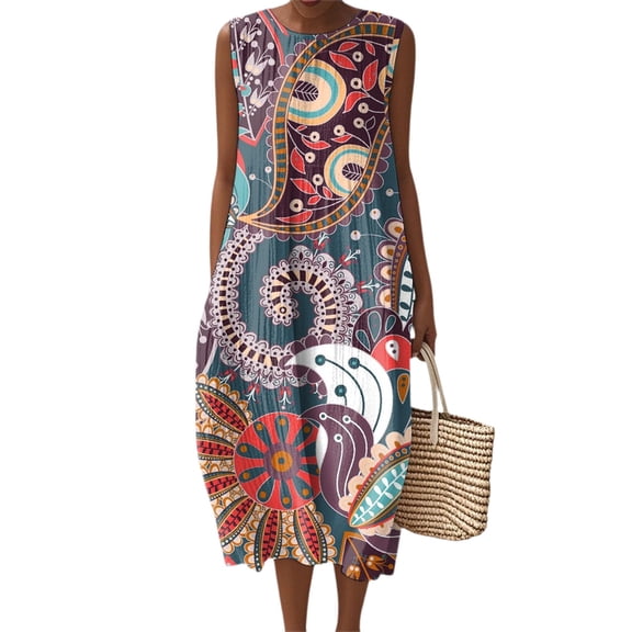 Women's Fashion 2025 Summer Casual Sleeveless Round Neck Retro Bohemian Floral Printed Elegant Temperament Dress