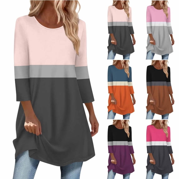 Women's Fashion 3/4 Sleeve Curved Bottom Longline Top Tunic Shirt Blouse Loose Fit Casual Elegant Summer Vacation | CSEONE,Pink L