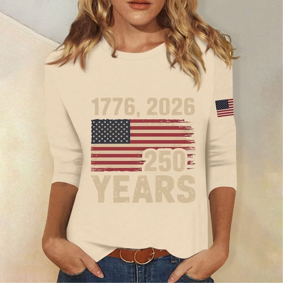 Women's Fashion 4th of July 3/4 Sleeve Sweaters, Patriotic Independence Day Tops for Women, Spring & Summer Casual Flag Printed Round Neck Pullover