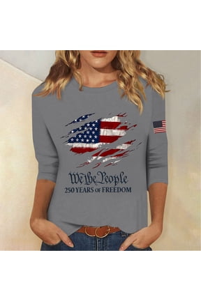 Women's Fashion 4th of July 3/4 Sleeve Sweaters, Patriotic Independence Day Tops for Women, Spring & Summer Casual Flag Printed Round Neck Pullover