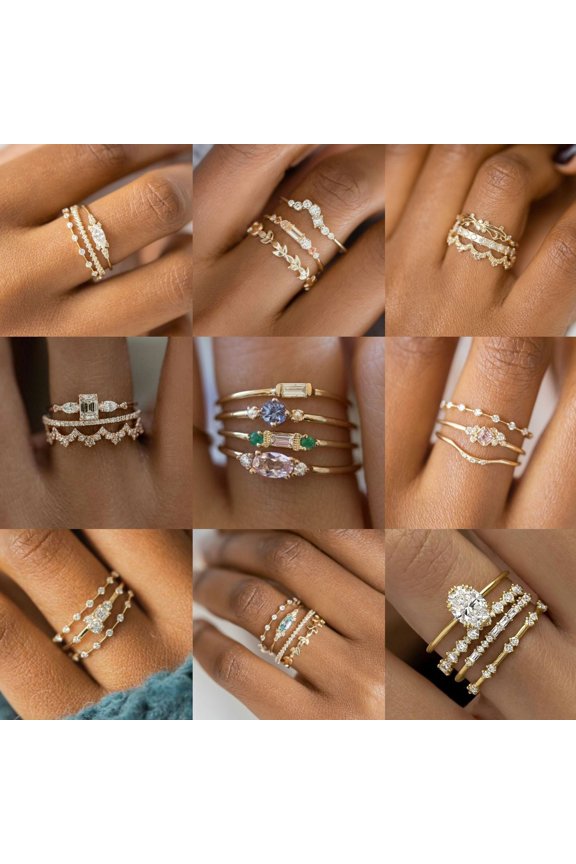 Women's Fashion Alloy Geometric Ring Set, Electroplated Gold Tone, Three-Piece Jewelry Collection for Everyday Wear