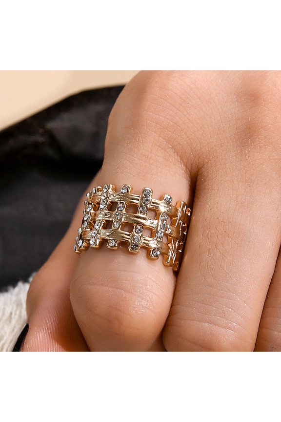 Women's Fashion Alloy Triple Hollow Vertical Bar Ring, Diamond Braided Design, European American Style