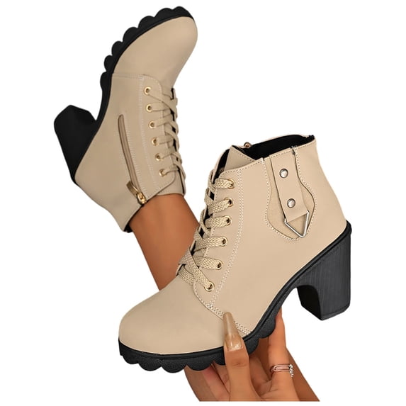 Women's Fashion Ankle Boots Mid Chunky Heel Lace-up Booties with Side Zipper Buckle Comfortable Shoes Beige 8.5