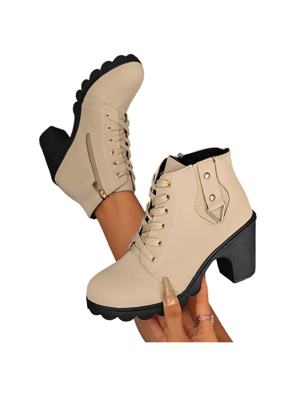 Women's Fashion Ankle Boots Mid Chunky Heel Lace-up Booties with Side Zipper Buckle Comfortable Shoes Beige 9
