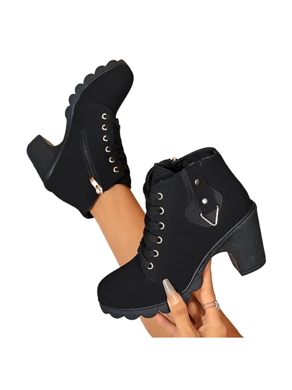 Women's Fashion Ankle Boots Mid Chunky Heel Lace-up Booties with Side Zipper Buckle Comfortable Shoes Black 9