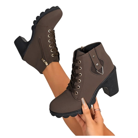 Women's Fashion Ankle Boots Mid Chunky Heel Lace-up Booties with Side Zipper Buckle Comfortable Shoes Coffee 6.5